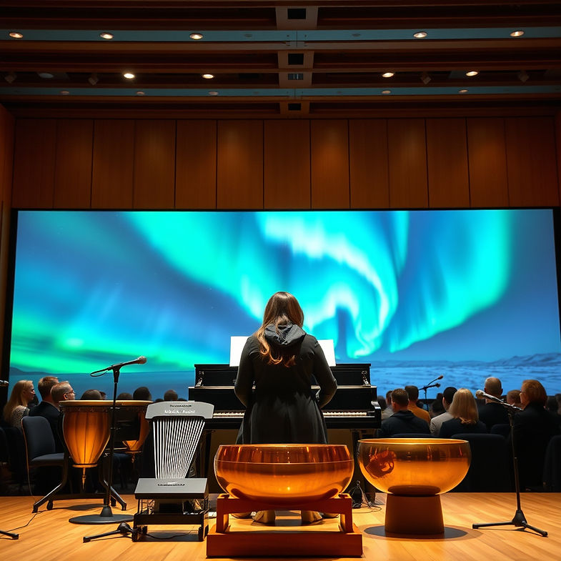 A concert hall with a piano and healing instruments on stage, on a background is a huge sc