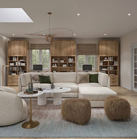 Space, light, and soft curves are the foundation of this interior. The centerpiece of the living room is a large modular sofa accompanied by a rounded armchair, creating an atmosphere of comfort and serenity. The use of natural wood in custom cabinetry and organic textures in the decor adds warmth to the space.
Special attention is paid to the details: a sophisticated designer chandelier and carefully planned multi-level lighting make this interior not only aesthetic but also highly functional for relaxation and living.