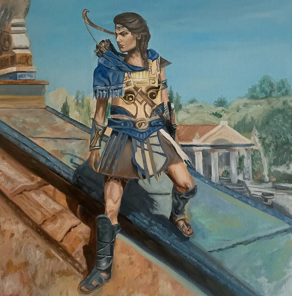 Картина олією Кассандра Assassin's Creed, антична воїтелька в обладунках на фоні храму