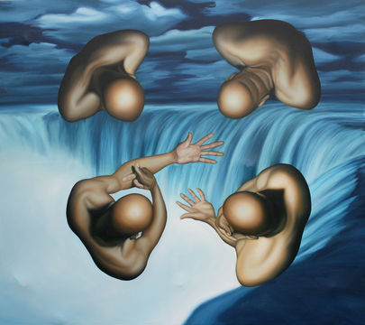 Oil painting of 4 men and waterfall