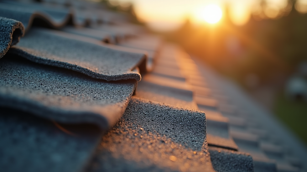 Close-up view of asphalt shingles on a roof under sunlight