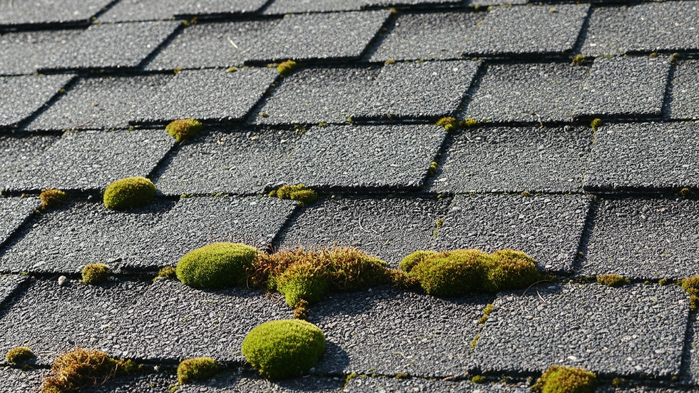 Close-up view of asphalt shingles with granule loss and moss patches