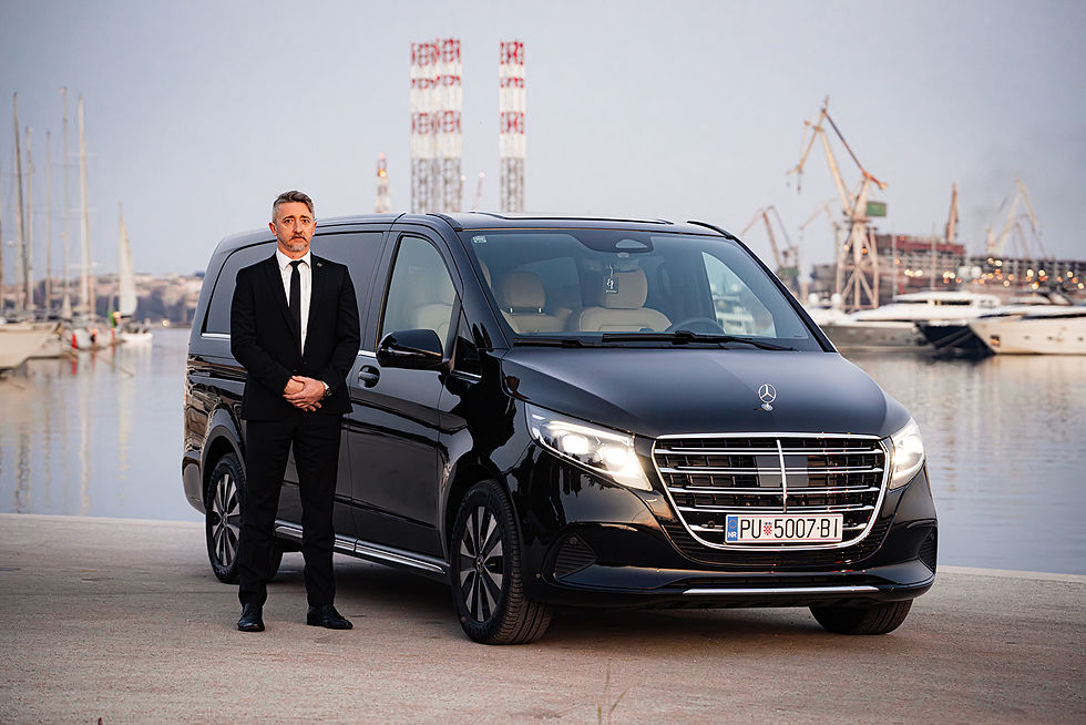 Mercedes-Benz luxury chauffeur vehicle at Hotel Lone Rovinj, private transfer service to Design Hotels member Zlatni Rt forest park Istria Croatia