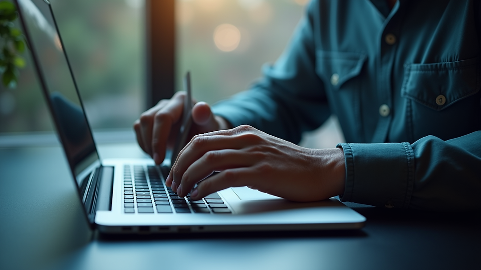 Close-up view of a professional investigator analyzing data on a laptop