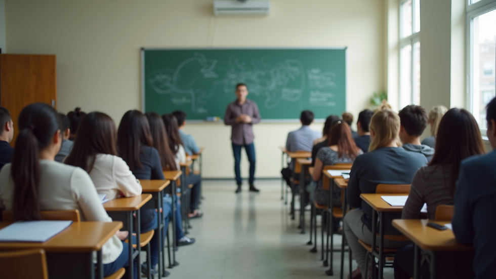 Wide angle view of a classroom filled with language learners