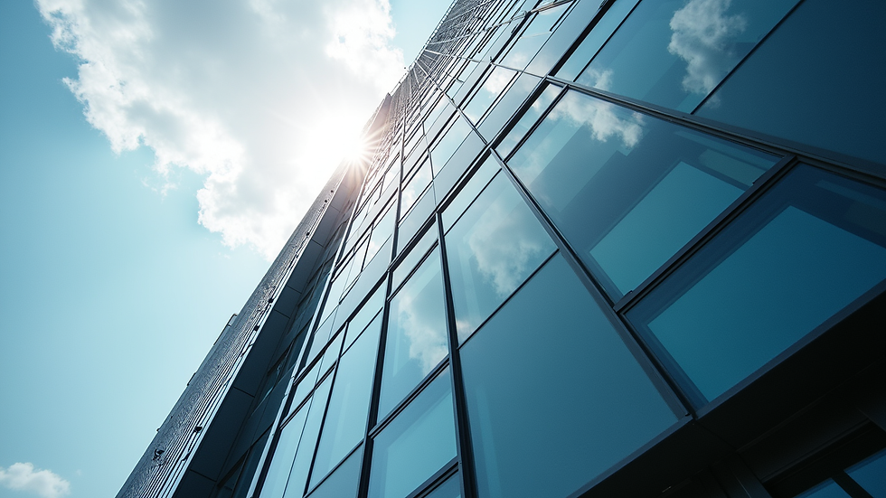 Eye-level view of a modern office building representing business services