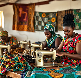 A group of black women sewing in an African workshop full of african fabrics.jpg