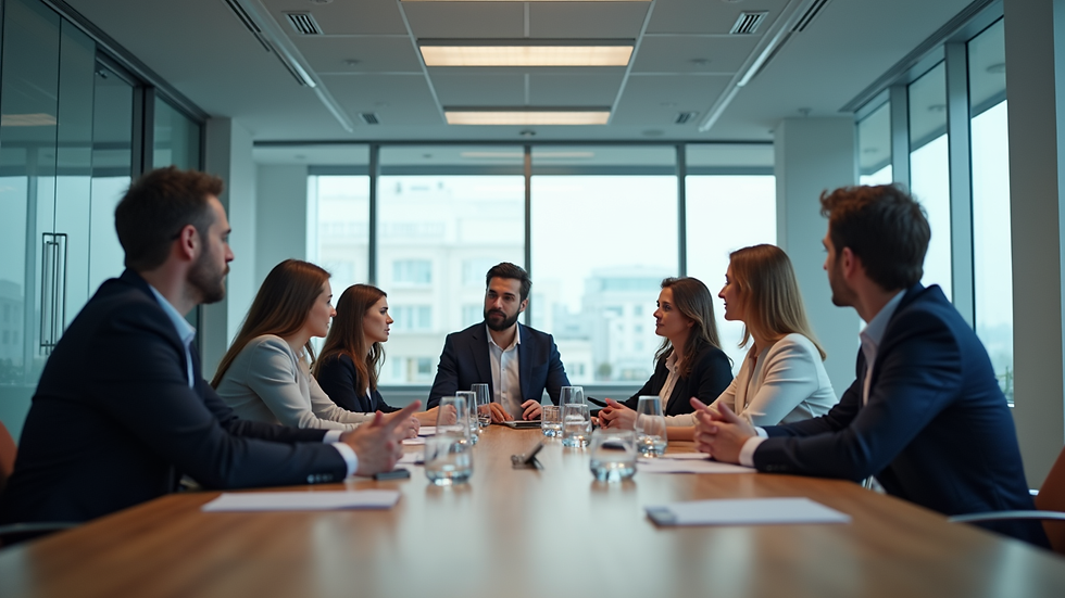 Eye-level view of a modern office meeting room with business professionals discussing strategy