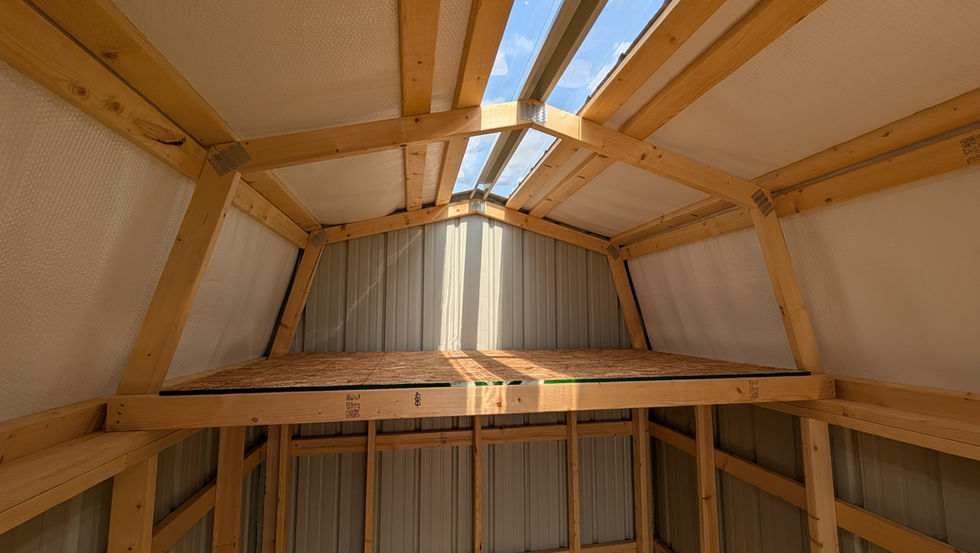 8x16 Lofted Barn with Clay Metal Siding - Interior with Double 4' Lofts & Ladder