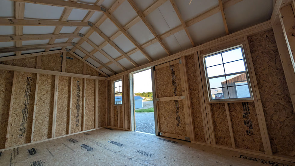 10x16 Deluxe Garden Shed Interior with Vapor Barrier Under Metal Roof