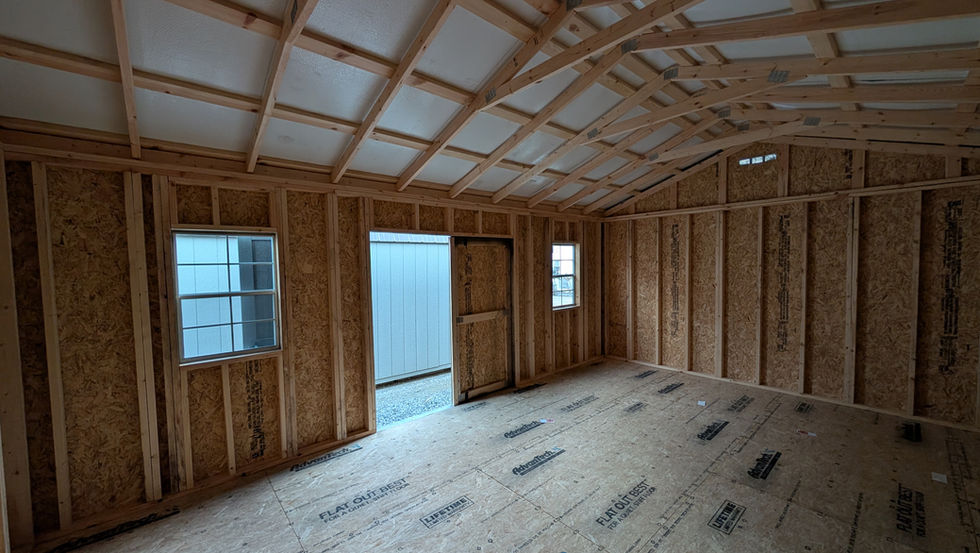 14x20 Driftwood Stain Garden Shed Interior View with Double Doors and Two Windows