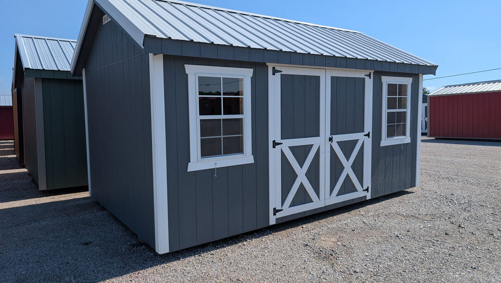 10x16 Deluxe Garden Shed with Dark Gray Wood Siding - Featuring a 72" Double Door and two 2'x3' Windows - Rent to Own Available