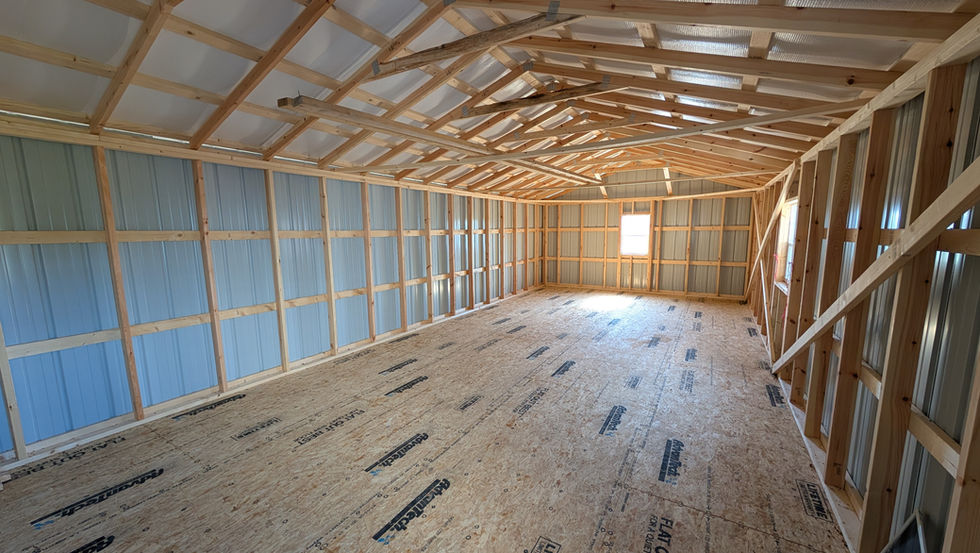 16x60 Garden Shed with White Metal Siding - Interior Wood Framing