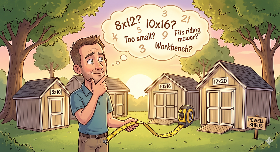 Illustration of a buyer using a tape measure to plan the perfect Amish garden shed dimensions and layout for their property.