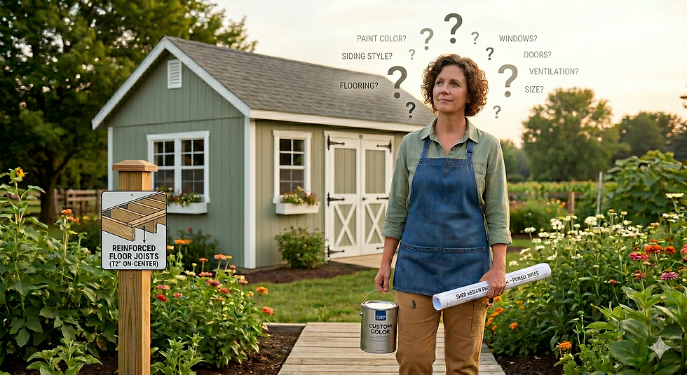 Woman with blueprints and paint considers design choices and Amish garden shed sizes in front of a green backyard shed.