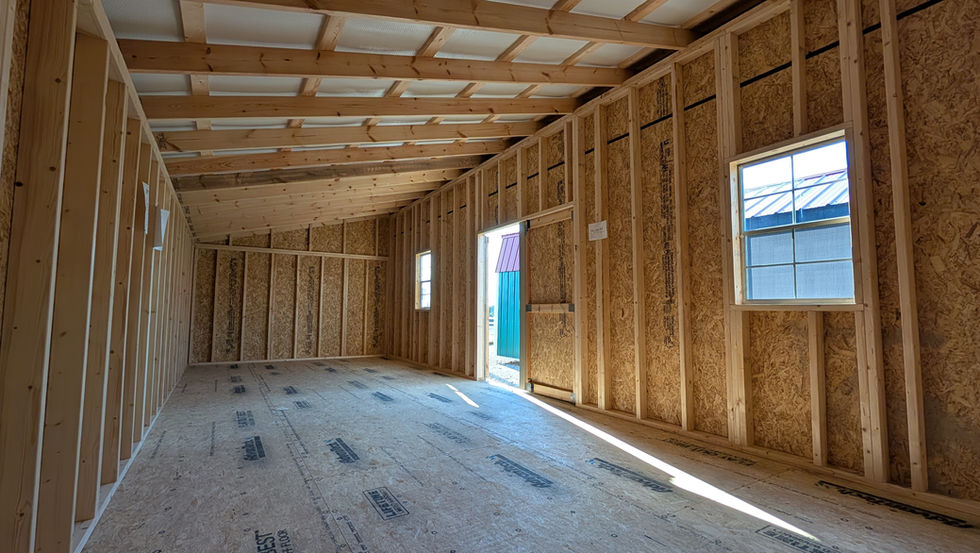 12x30 Deluxe Studio (Lean-To Style Shed) with Esh Gray Wood Siding - Interior with Condensation Barrier Under Metal Roof
