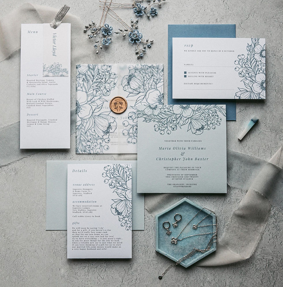 Thumbnail: Blue Wedding Invitations with Floral Design, Winter Wedding