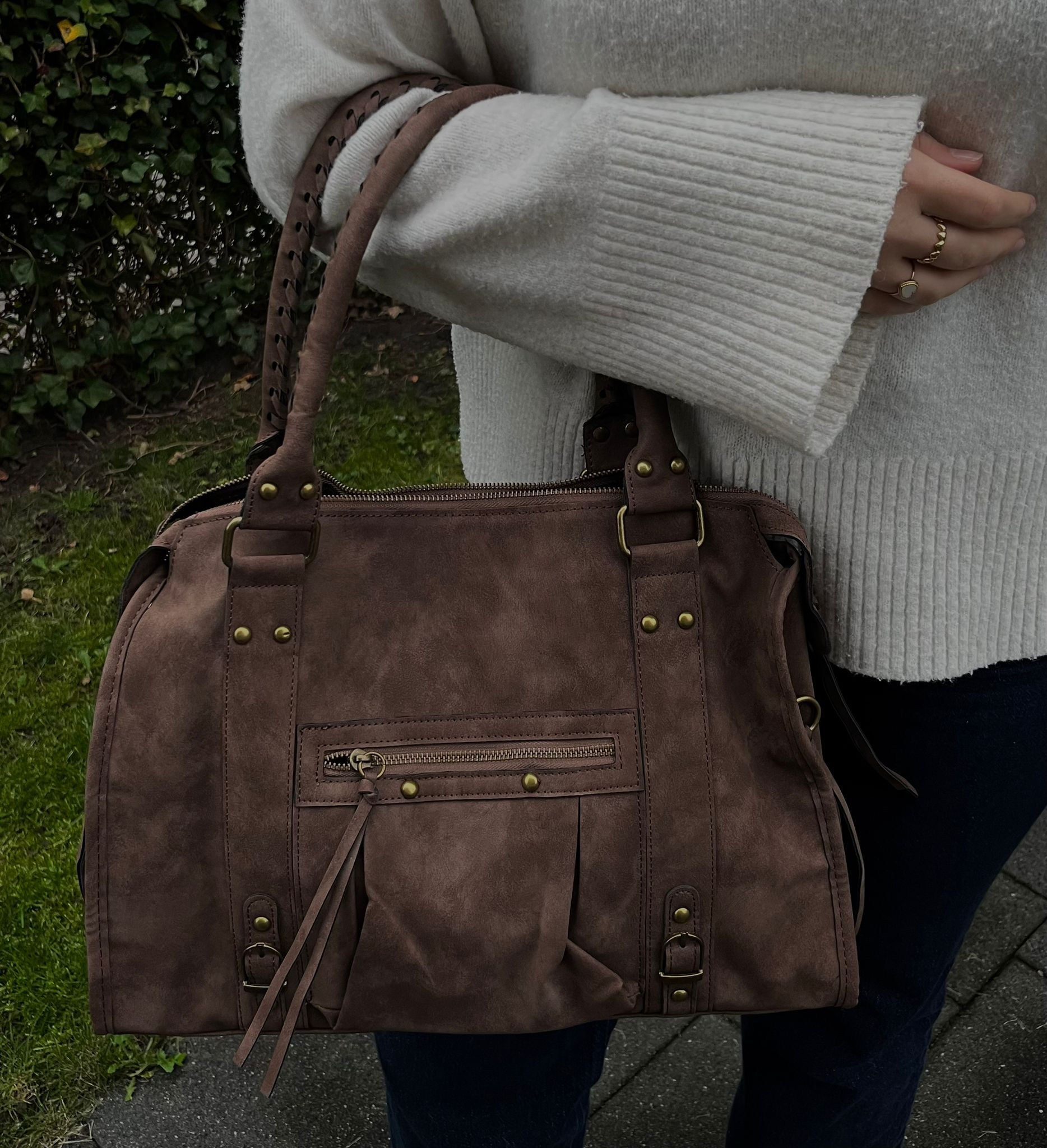 “La Vie” grote, coffee bruine, leder-look schoudertas