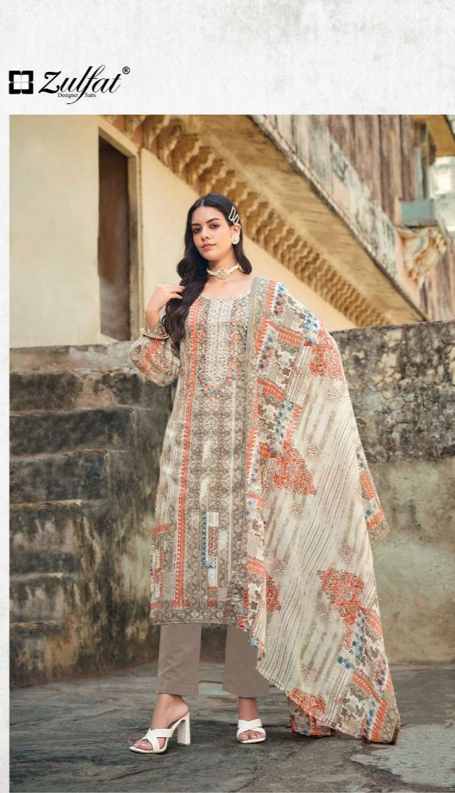 Thumbnail: Zulfat Designer Cotton Print Suit with Fancy Work (Dress Materia