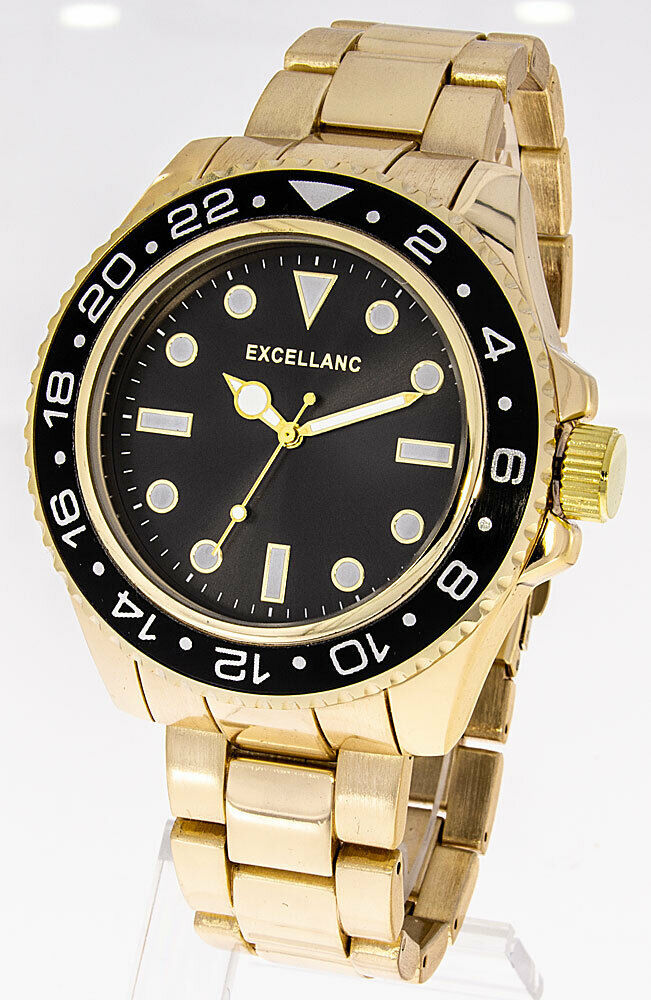 Miniature : Montre homme XXL noir lunette tournante couleur or -Exellanz