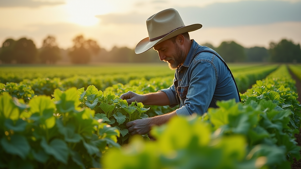 Close-up view of a farmer inspecting healthy crops in a sustainable field