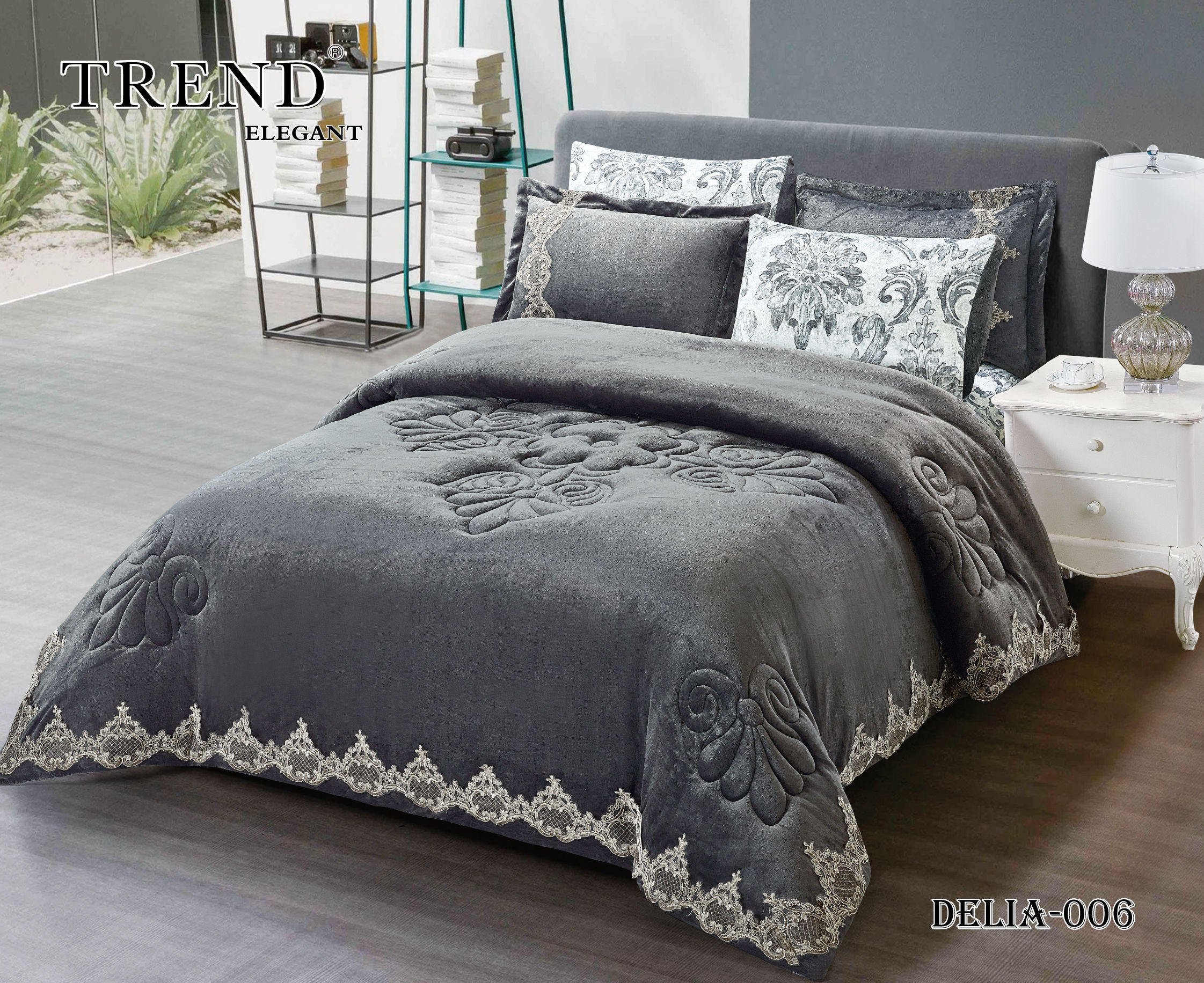 DELIA-006 مفرش فرو شتوي مطرز رمادي 8  قطع