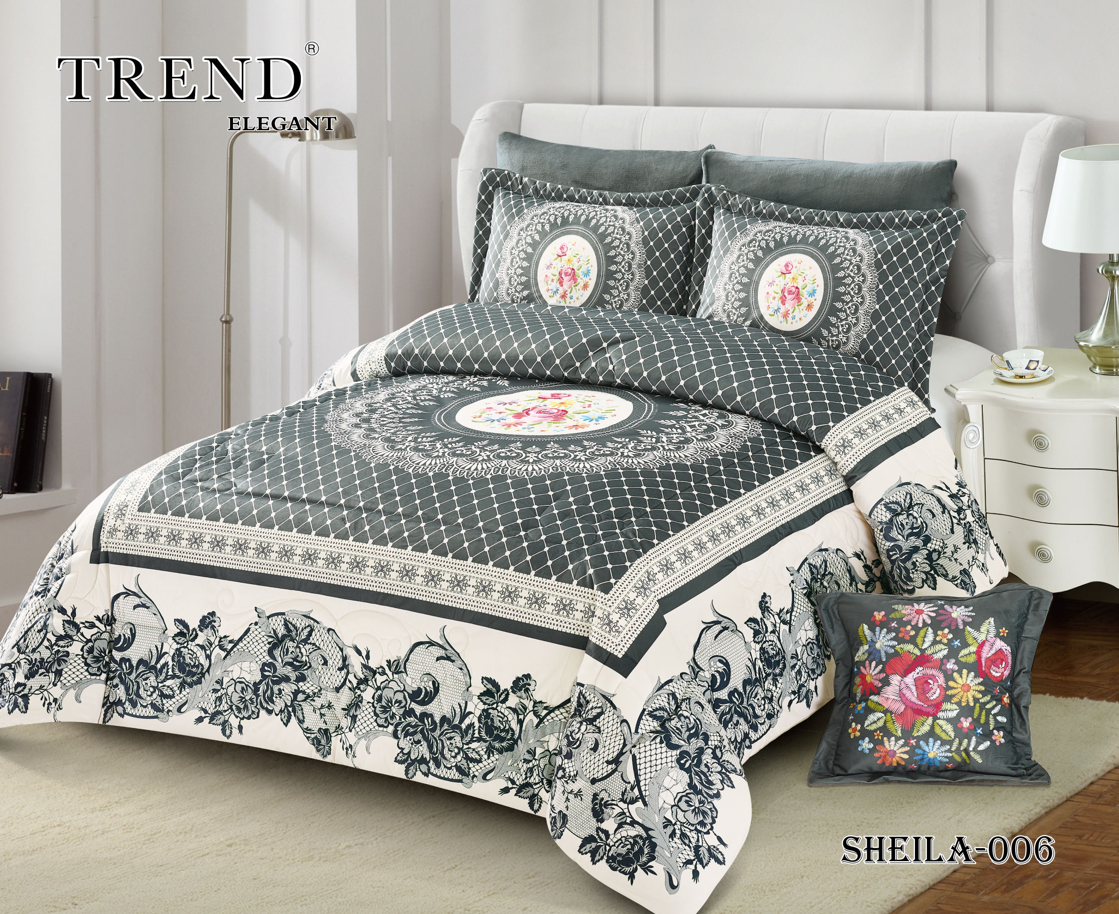 SHEILA-006 مفروش فرو شتوي مطرز رمادي 4  قطع