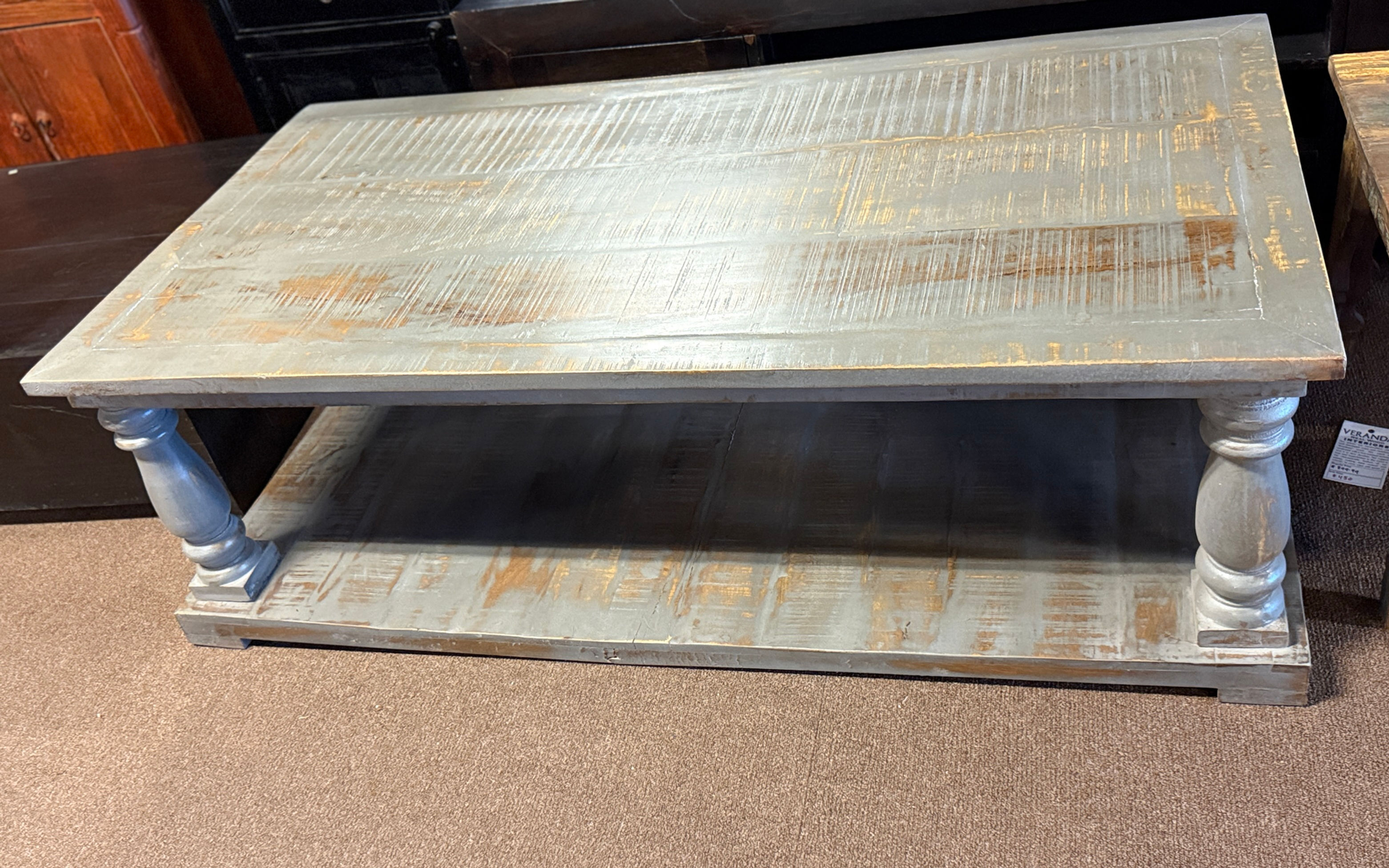 Distressed Gray Wood Coffee Table with Shelf