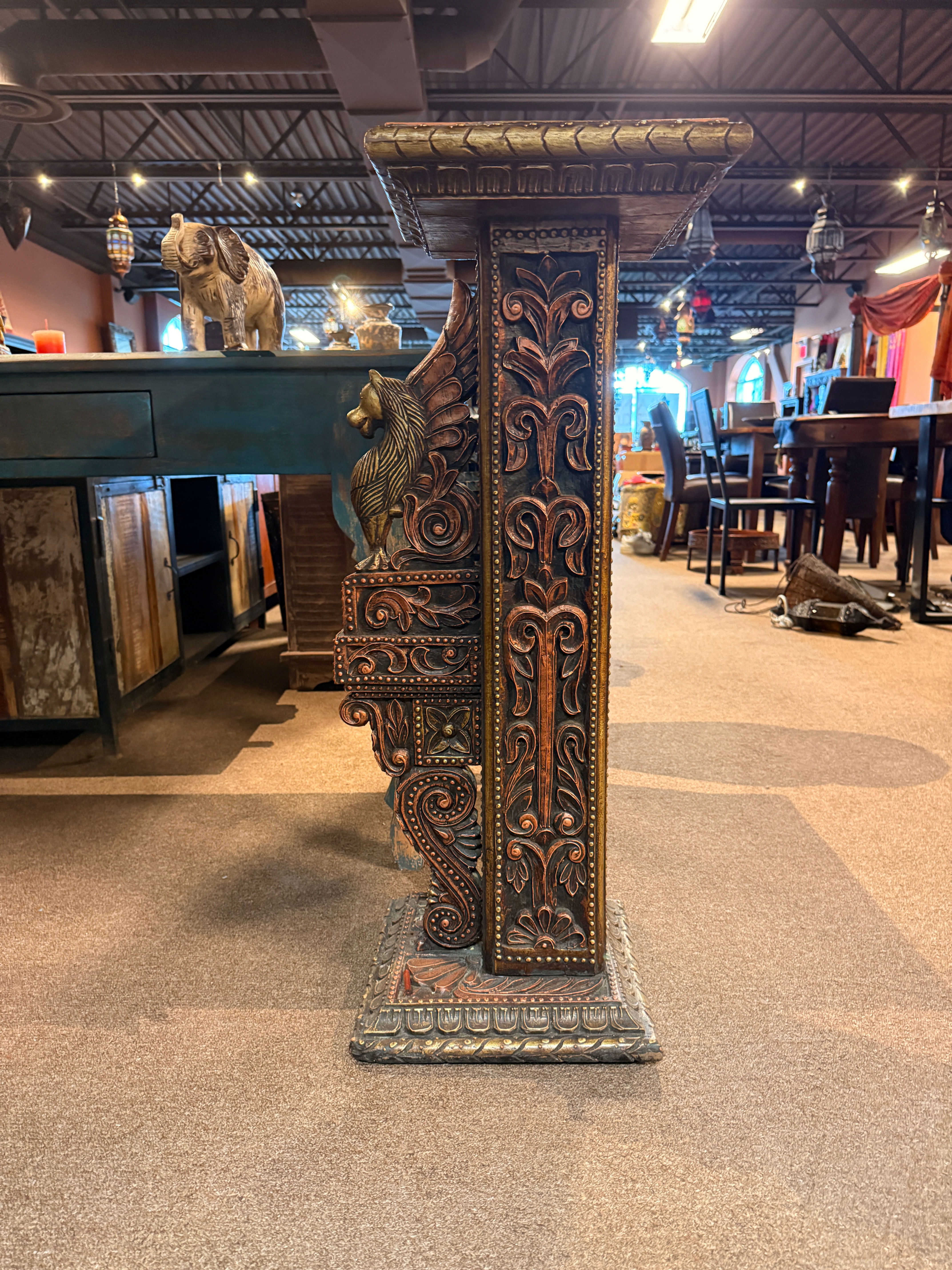 all, dark wood hand-carved Indian pillar or pedestal with intricate floral scrollwork