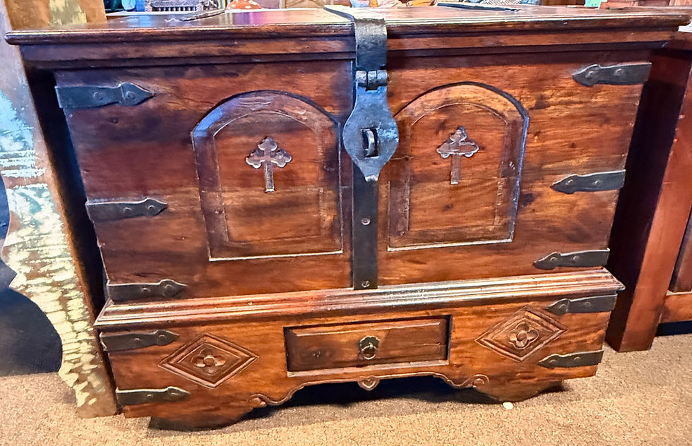 Thumbnail: Antique wooden chest with iron hardware and carved cross design