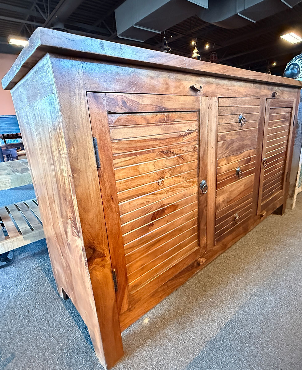 Thumbnail: Handcrafted rustic wooden sideboard featuring three louvered doors and vintage metal ring handles
