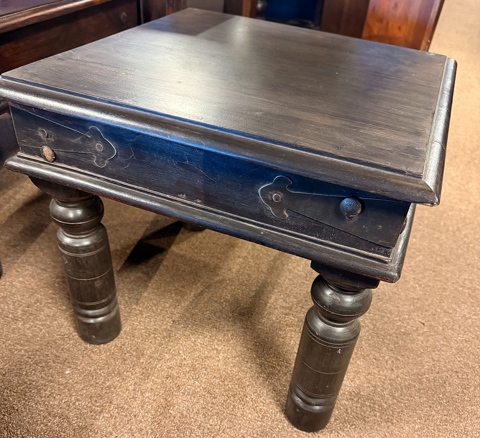 Thumbnail: Rustic wooden side table with decorative metal accents and turned legs