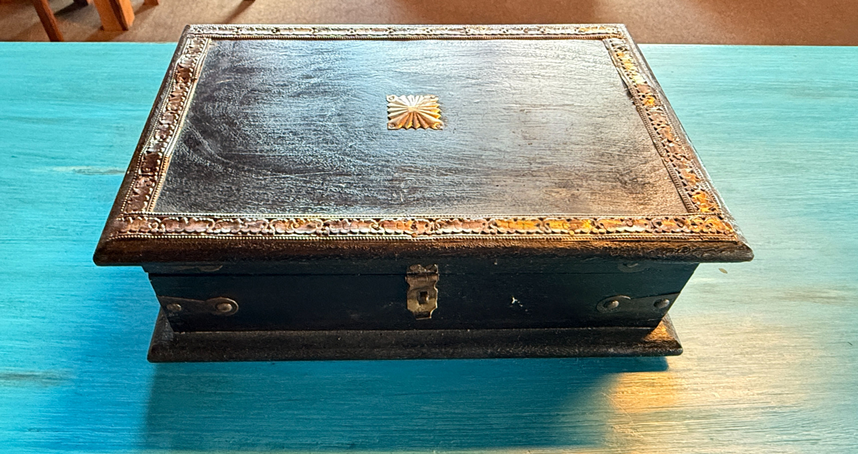 Antique Wooden Jewelry Box with Ornate Brass Design