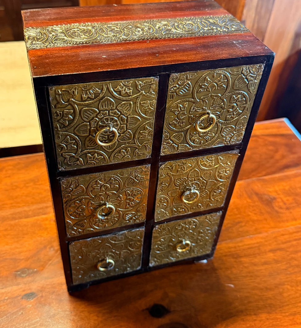 Thumbnail: Ornate wooden jewelry box with antique brass decorations and six spacious drawers