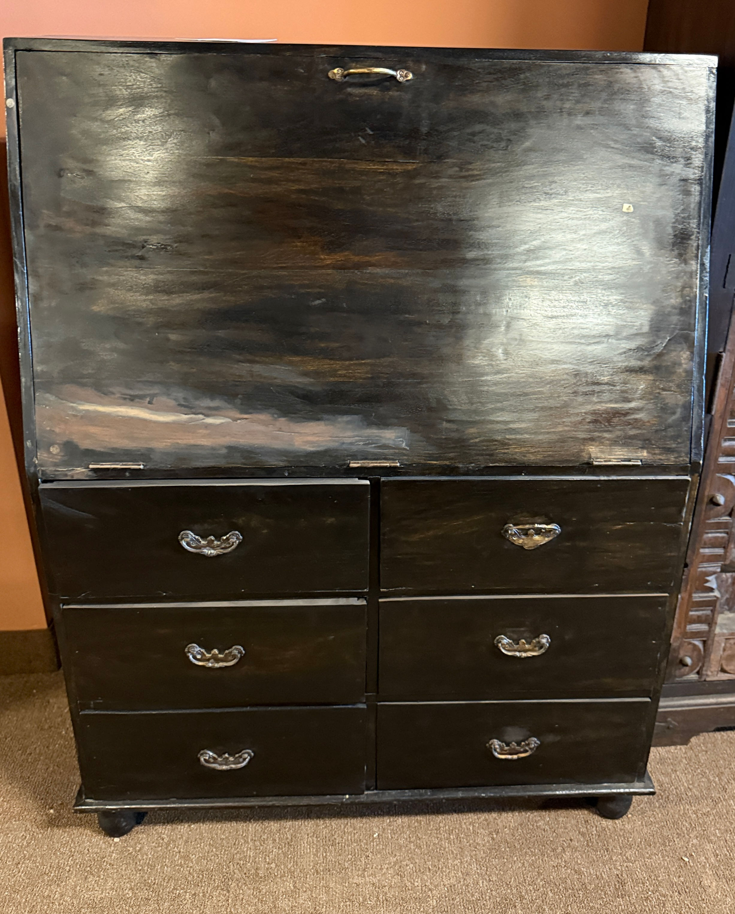Classic black wooden secretary desk featuring six spacious drawers and a fold-down writing surface for office organization