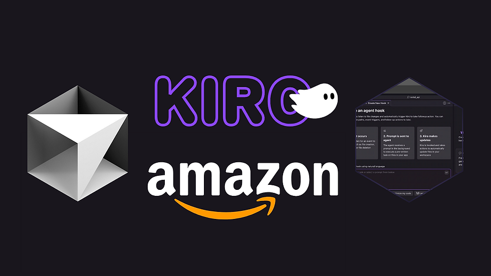 Kiro and Amazon logos on a dark background, with a ghost icon and a small hexagon showing a dark UI screenshot.