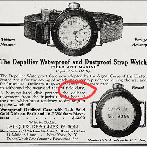 The 1918 Waltham Depollier Field & Marine Waterproof Wristwatch, designed for Field Duty.