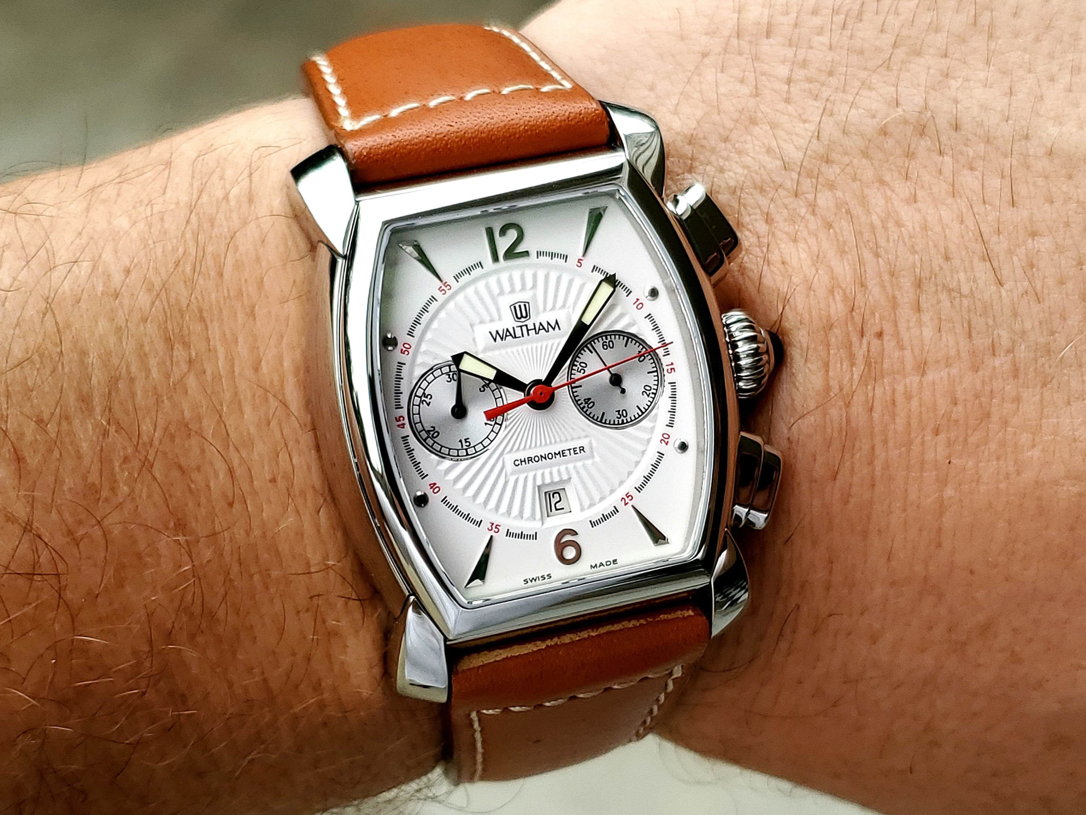 2008 Lord Waltham Tonneau Chronograph Tan 2 Register, COSC Certified Chronometer