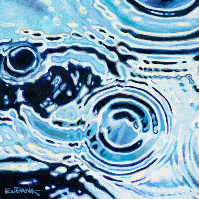 Oil painting, on panel of concentric circles, ripples, capillary wave, in the Pacific Ocean in French Polynesia, using dark blue, light, blue, and turquoise.
