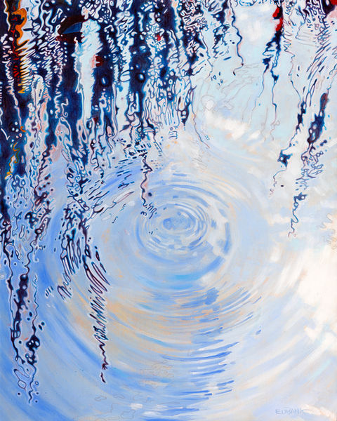 This is an oil painting of branches and leaves reflected in water. From a distance, the painting looks like it's black and white, but up close, this abstract, painfully image reveals itself as being beige, white and dark blue.