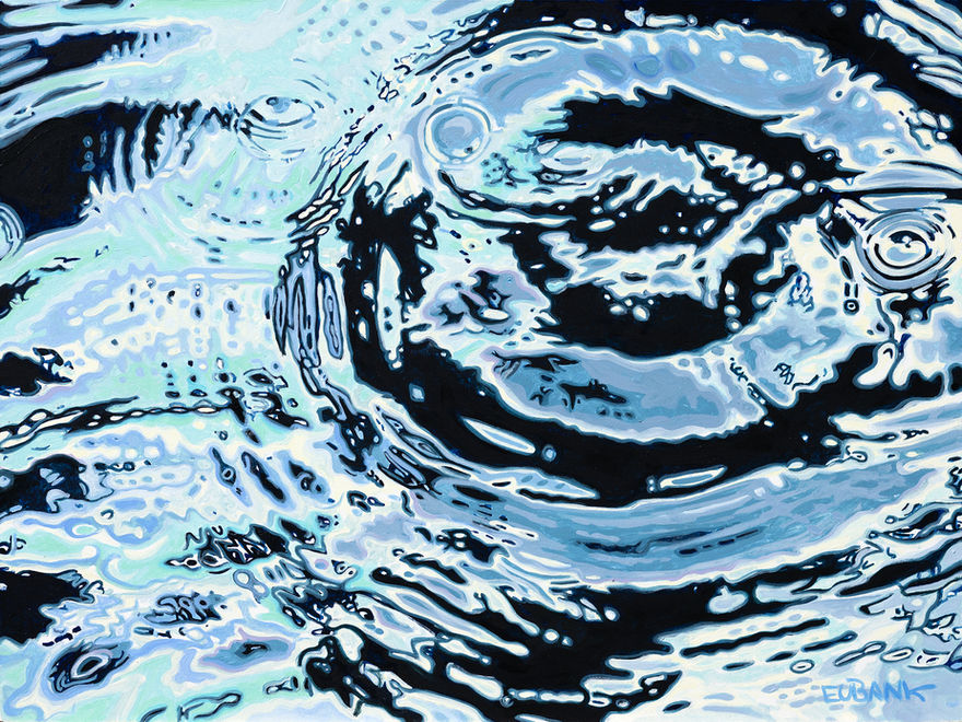 Light blue, dark blue and white oil painting of concentric circles of water. Water droplets from the cave in Tahiti by Danielle Eubank.