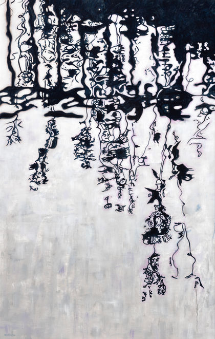 This is an oil painting of branches and leaves reflected in water. From a distance, the painting looks like it's black and white, but up close, this abstract, painfully image reveals itself as being beige, white and dark purple painting of Horseshoe Falls in Wales by Danielle Eubank.