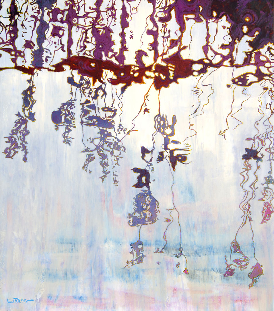 Painting of a reflection of leaves in the water. Leaves and branches are violet to burgundy. The water is white, gray, light, blue, and pink.