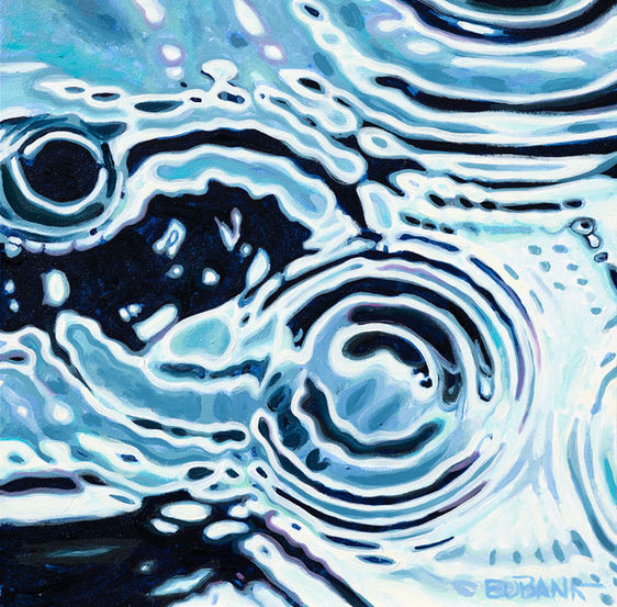 Light blue, dark blue and white oil painting of concentric circles of water. Water droplets from the cave in Tahiti by Danielle Eubank.