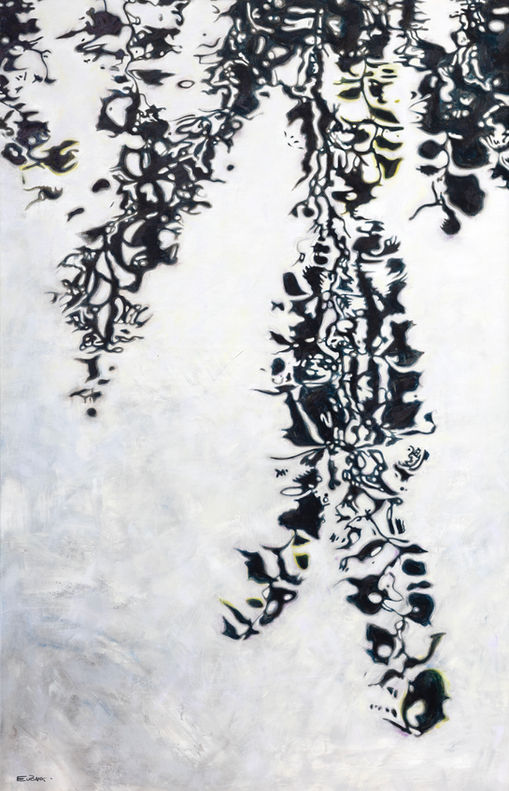 This is an oil painting of branches and leaves reflected in water. From a distance, the painting looks like it's black and white, but up close, this abstract, painfully image reveals itself as being beige, white and dark blue.