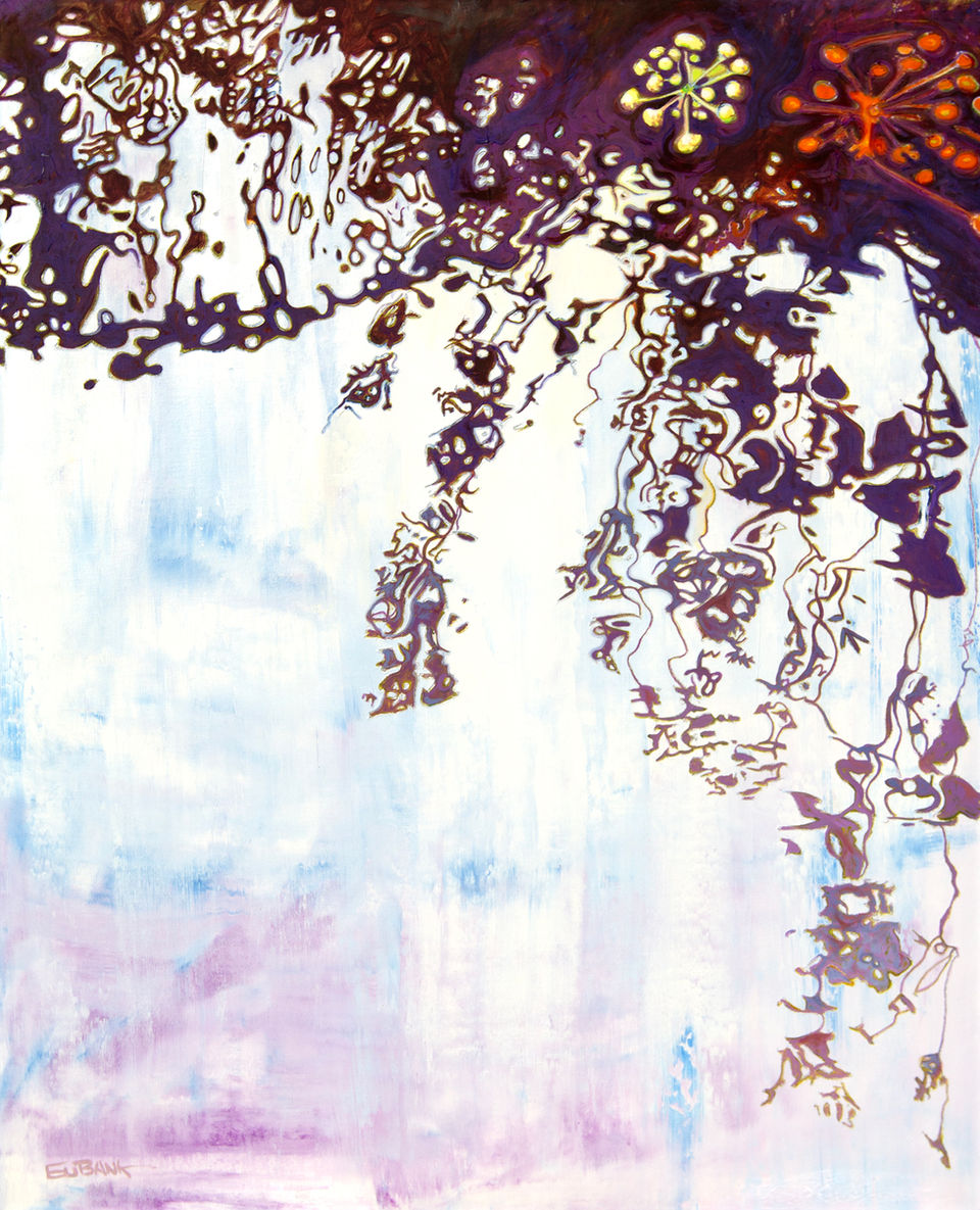 Painting of burgundy colored branches reflected in white, pink, and blue water.