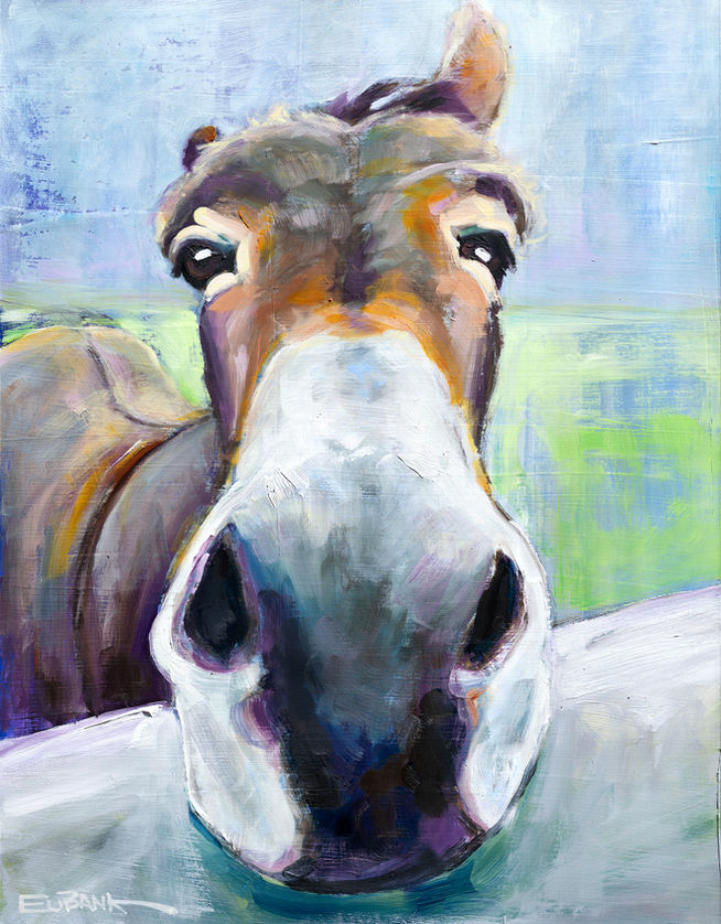 Oil painting of a donkey with his nose right up towards the viewer. Donkey From Ireland with a white and gray nose and a brown body.