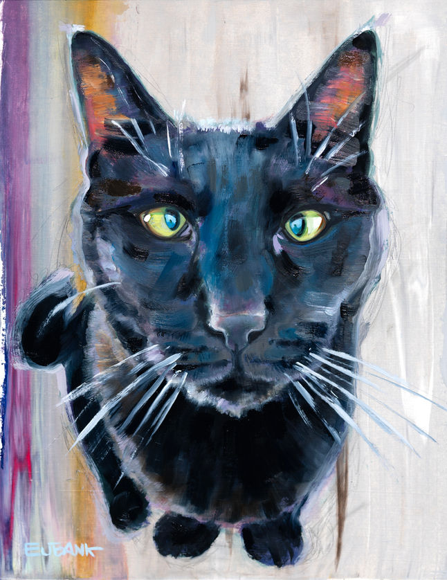 Oil painting of a black cat, looking right at the viewer, looking up into the viewers's eyes. His eyes are slightly crossed.
