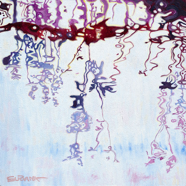 Painting of a reflection of leaves in the water. Leaves and branches are violet to burgundy. The water is white, gray, light, blue, and pink.