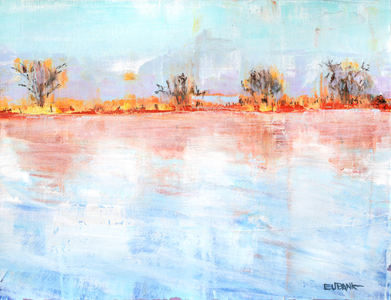 Oil and charcoal, painting of trees and water, the Charleston slough in the San Francisco Bay. Scraped and blended oil paint. The sky is light blue, the trees are charcoal, there is an orange horizon and oranges are reflected in the water in the foreground.